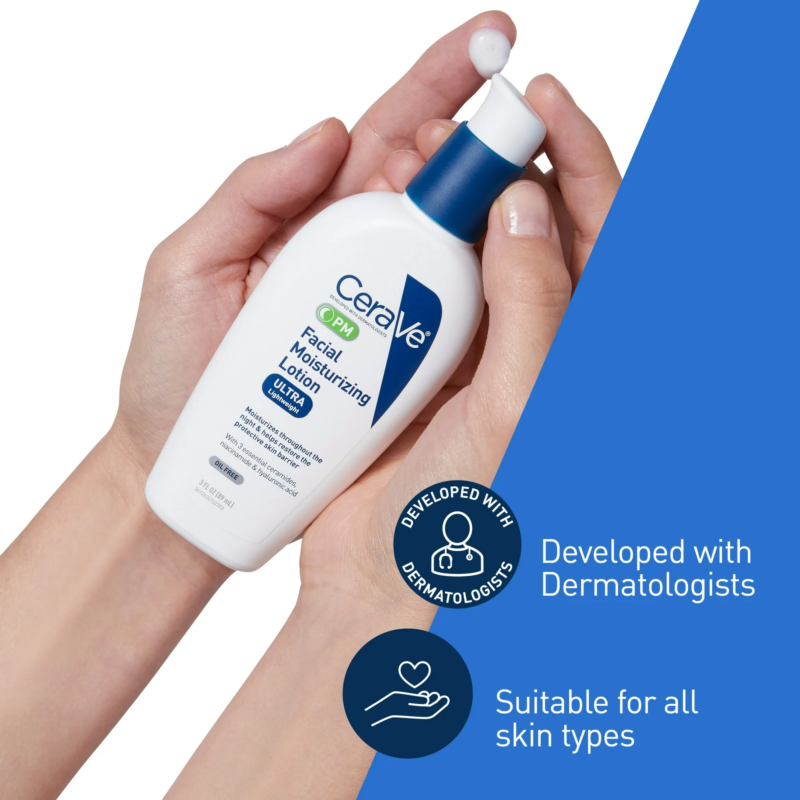 CeraVe PM Lotion Face Moisturizer, Lightweight Oil-free Night Cream for All Skin Types, 3 fl oz - Image 2