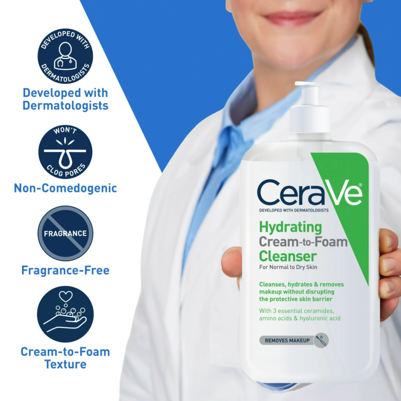 CeraVe Hydrating Cream-to-Foam Cleanser, Makeup Remover and Face Wash, with Hyaluronic Acid, Fragrance Free, 12 fl oz - Image 2